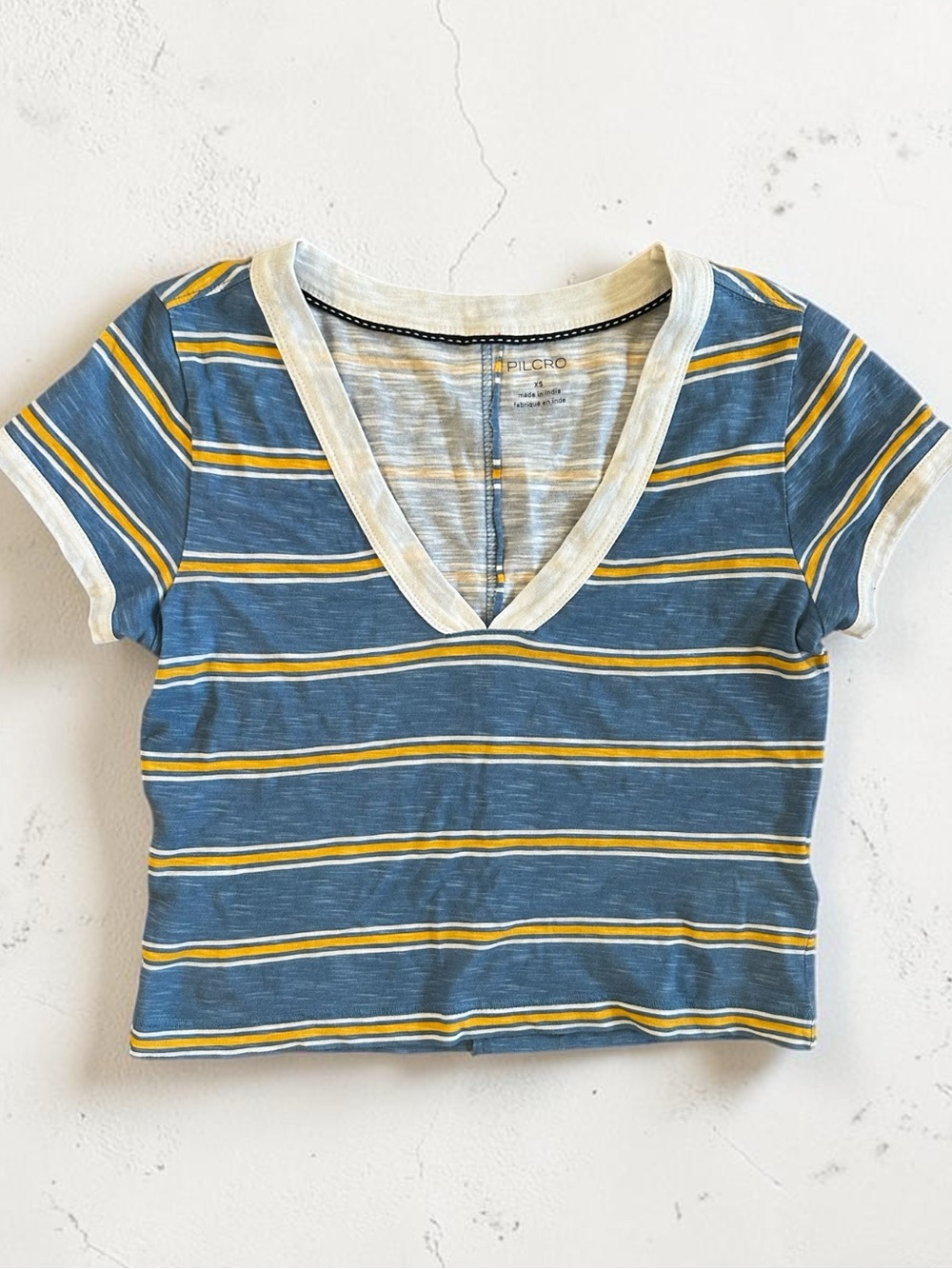 Anthropologie Pilcro Blue Yellow Striped V-Neck Tee Crop XS